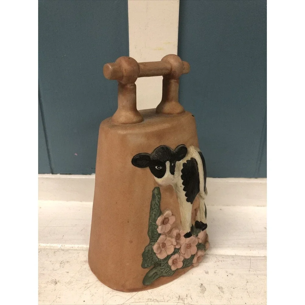 Vintage 3D COW‎ In Floral Pasture Pottery 7” Bell Wind Chime Hand Painted
